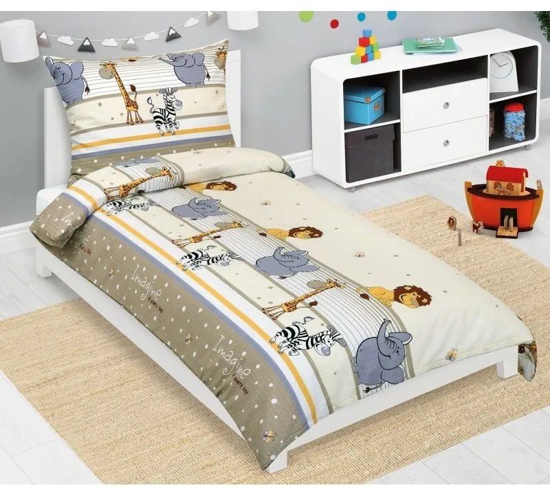 Lenjerie de pat creponată pentru copii Bellatex Safari bej, 140 x 200, 70 x 90 cm