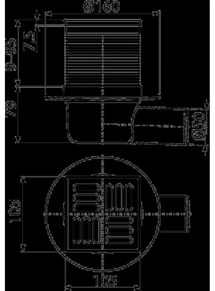 Sifon pardoseala cu gratar otel inoxidabil, 105x105 mm iesire laterala Alcadrain APV1 laterala