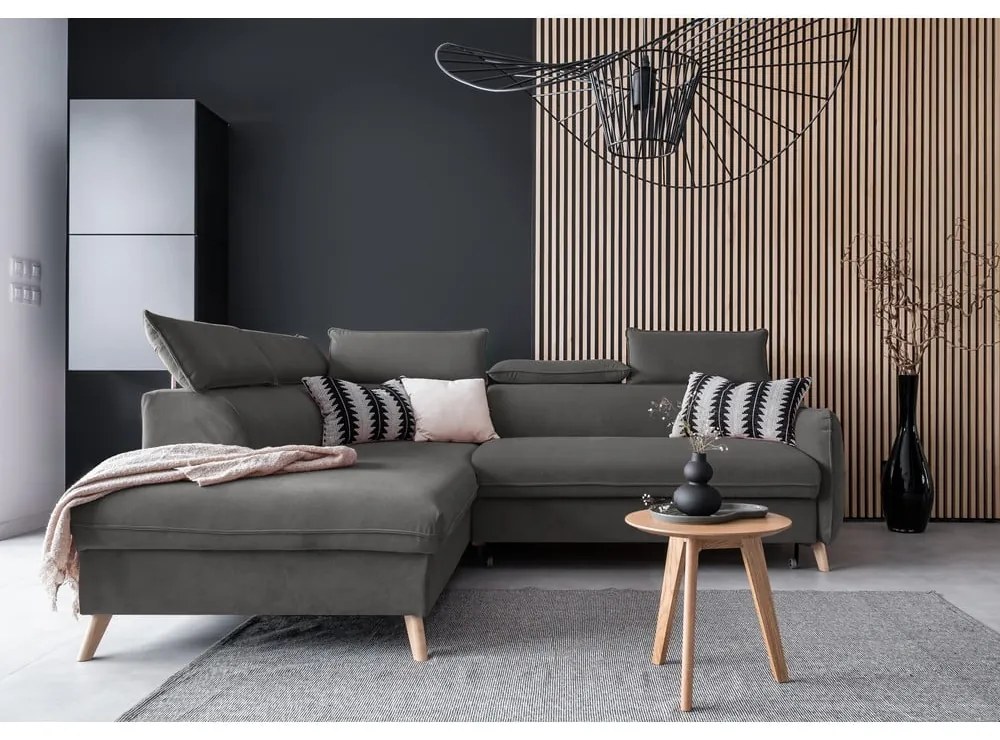 Colțar gri închis extensibil cu tapițerie din catifea (cu colț pe partea stângă ) Sweet Harmony – Miuform