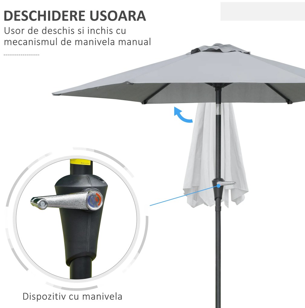 Outsunny Umbrelă Inclinabilă pentru Grădină și Terasă 2.3x2m cu Deschidere Ușoară prin Manivelă, Structură Metalică și 6 Stinghii, Gri | Aosom Romania