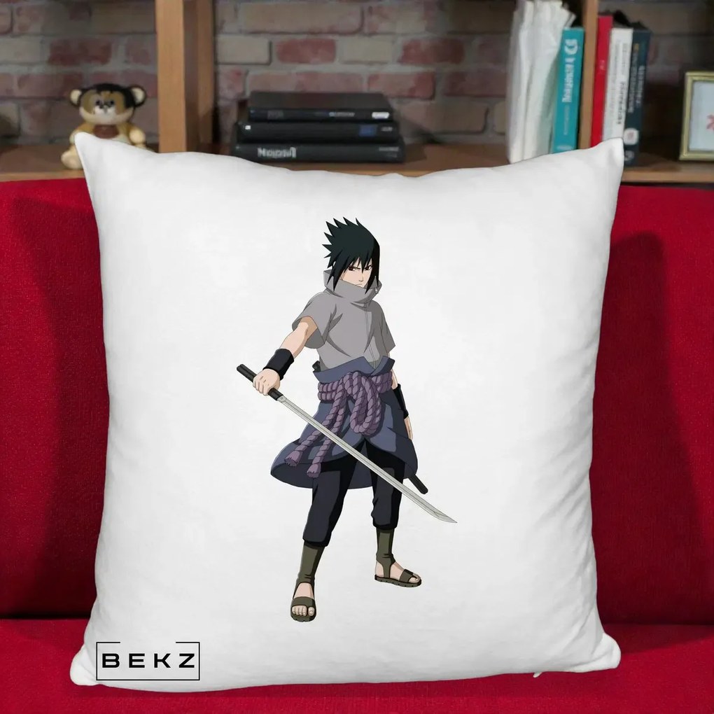 Perna Personalizata Naruto Sasuke Uchiha cu Sabia, 40x40 cm, Alb Pufos, Husa Detasabila, Perna Inclusa, BEKZ®