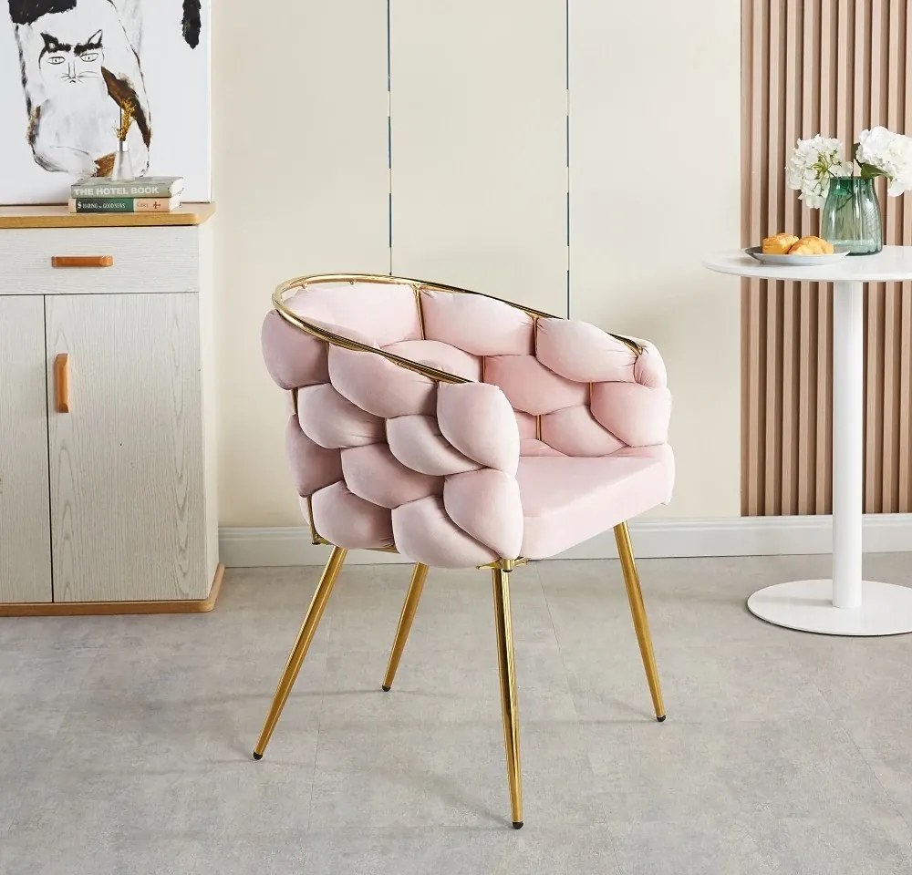 RESIGILAT- Scaun dining, tapiterie catifea, cadru metalic auriu, Roz