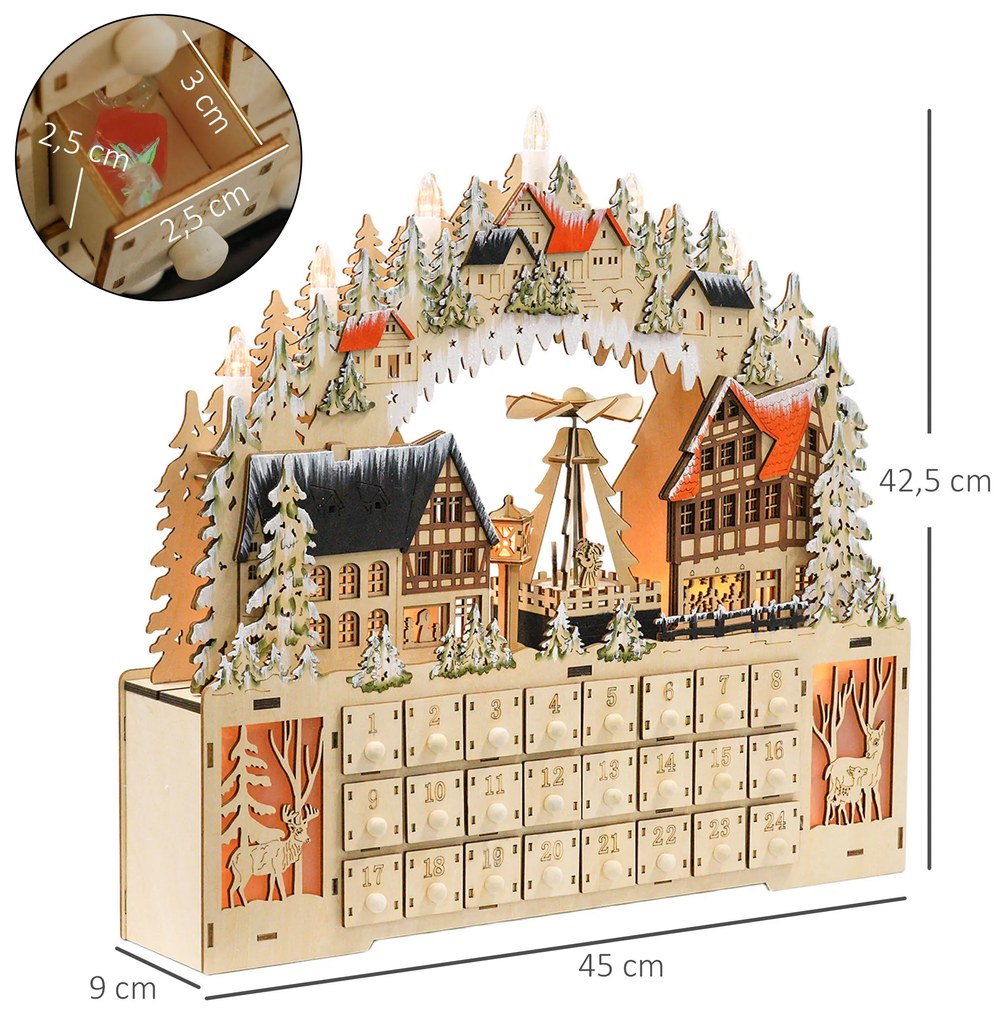 HOMCOM Calendar Advent, sat de Crăciun, 18 LED, 24 sertărașe, reutilizabil, 45 x 9 x 42,5 cm | Aosom Romania