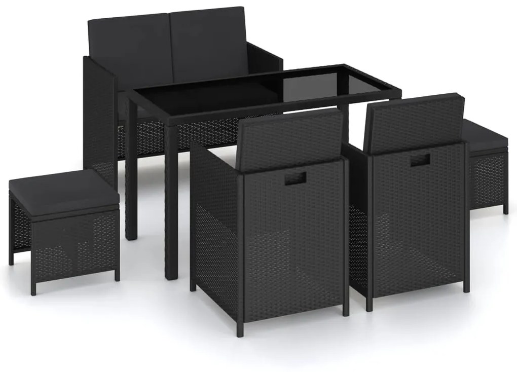 315988 vidaXL Set mobilier de exterior cu perne, 6 piese, negru, poliratan