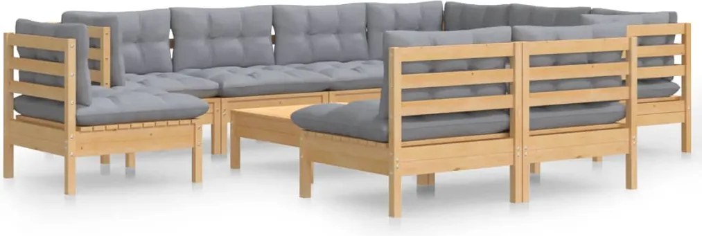 vidaXL Set mobilier grădină cu perne, 10 piese, gri, lemn masiv pin