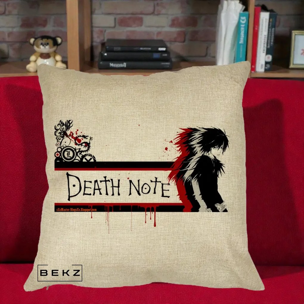 Perna Personalizata Death Note L Lawliet Rosu-Negru, 40x40 cm, Crem, Husa Detasabila, Perna Inclusa, BEKZ®