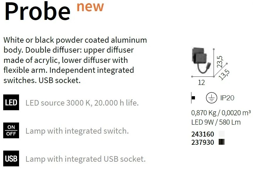 Aplica cu reader LED si port USB PROBE AP2 NERO 237930 IDL