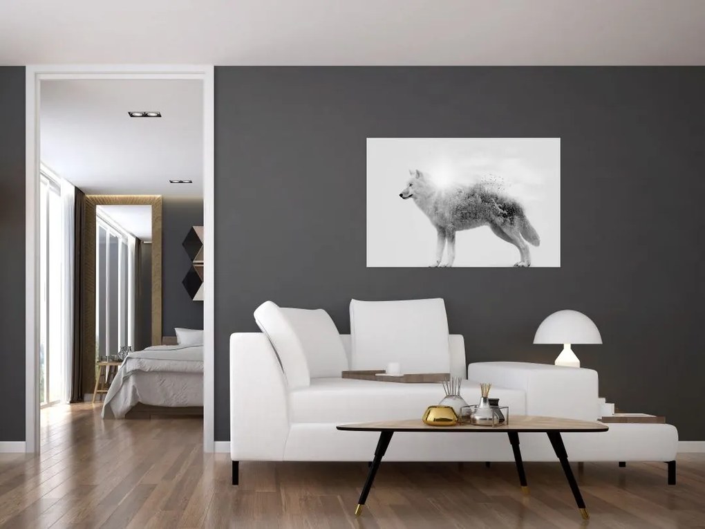 Tablou - Lupul arctic oglindit în peisajul sălbatic, alb-negru (90x60 cm)
