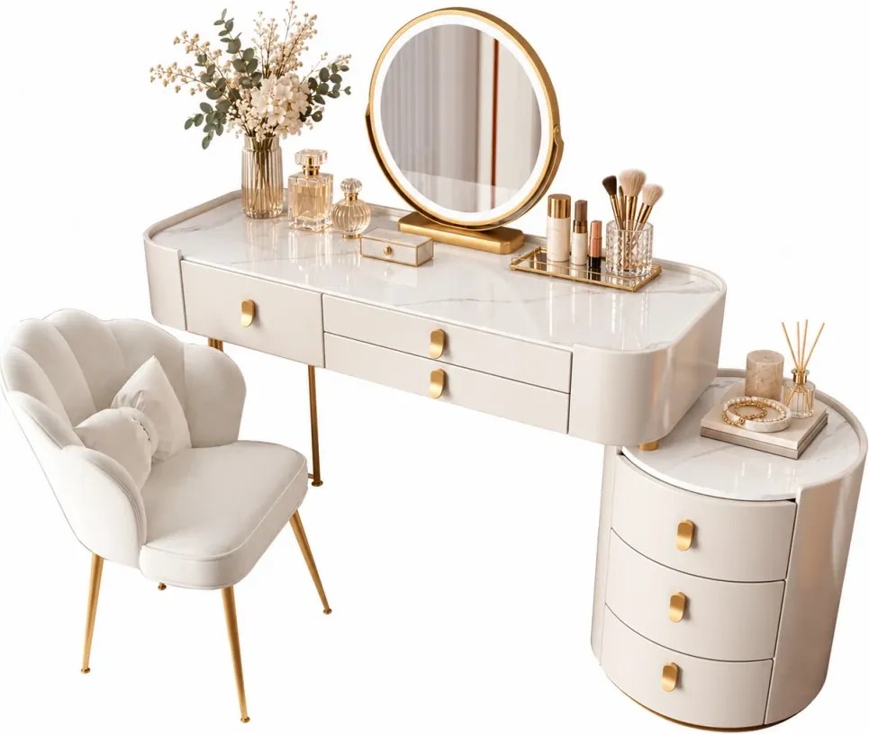 Set LUCIA WHITE – Masă de Toaletă pentru Machiaj, Blat imitatie marmura, Oglindă Iluminată LED, Control Touch, 6 sertare, Comoda, Scaun, Alb