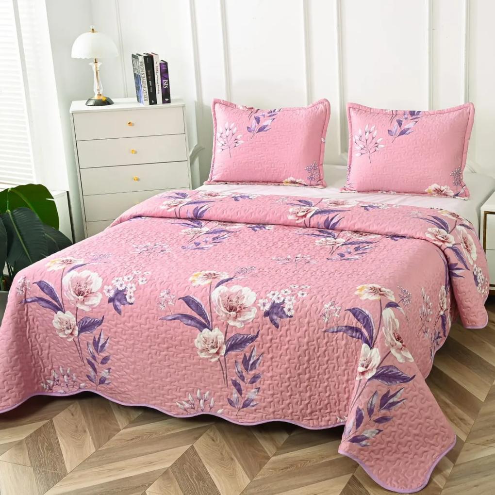 Cuvertura de pat matlasata cu 2 fete, bumbac satinat, pat 2 persoane, roz, 3 piese, CVP-113