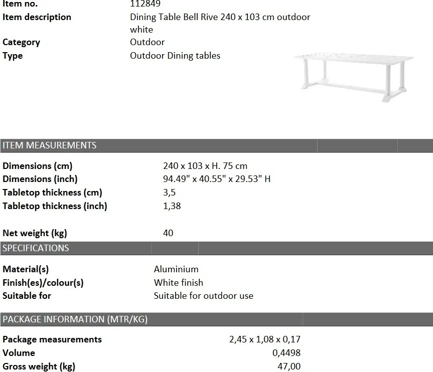 Masa pentru interior si exterior Bell Rive alb, 240x103cm 112849 HZ