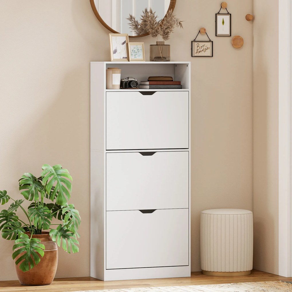 HOMCOM Dulap pentru pantofi 18 perechi, dulap îngust pentru pantofi, 3 sertare rabatabile, rafturi reglabile, alb | Aosom Romania