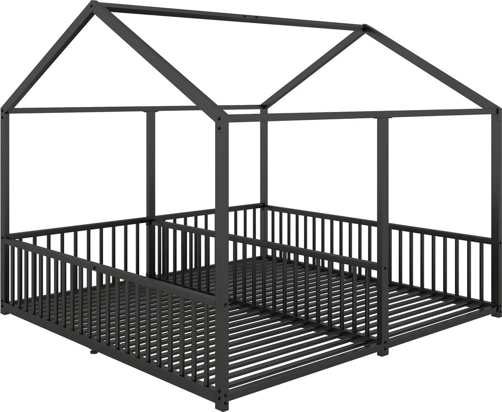 Pat dublu pentru copii 90x200 cm, formă de casă, cu barieră de siguranță, fără saltea, Negru