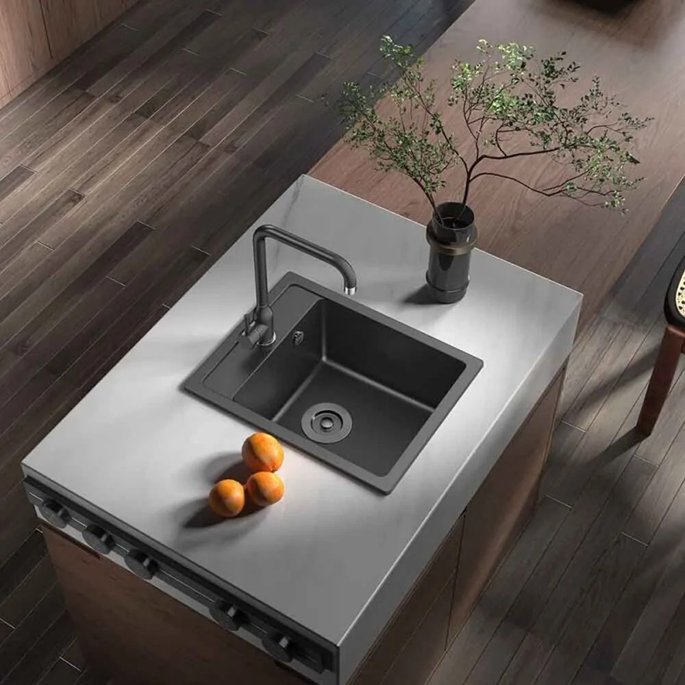 Chiuveta compozit Inter Ceramic finisaj granit negru 40x50 cm cu orificiu baterie