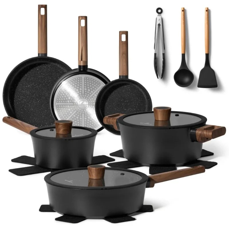 Set de oale si tigai Just Perfecto JL-111, 15 piese, Acoperire din granit, Inductie, Ustensile, Negru