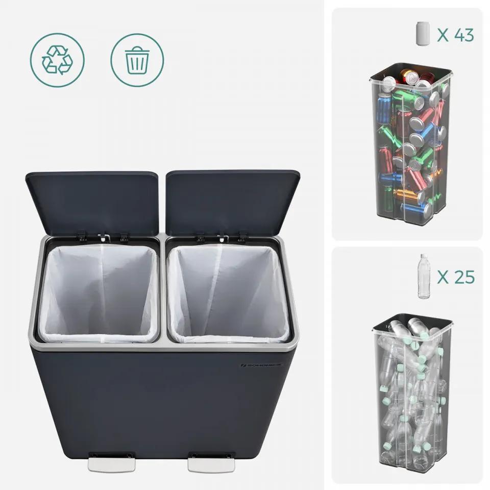 Cos de gunoi pentru reciclare si 15 saci menajeri, 59 x 32.5 x 65.2 cm, metal, antracit, Songmics
