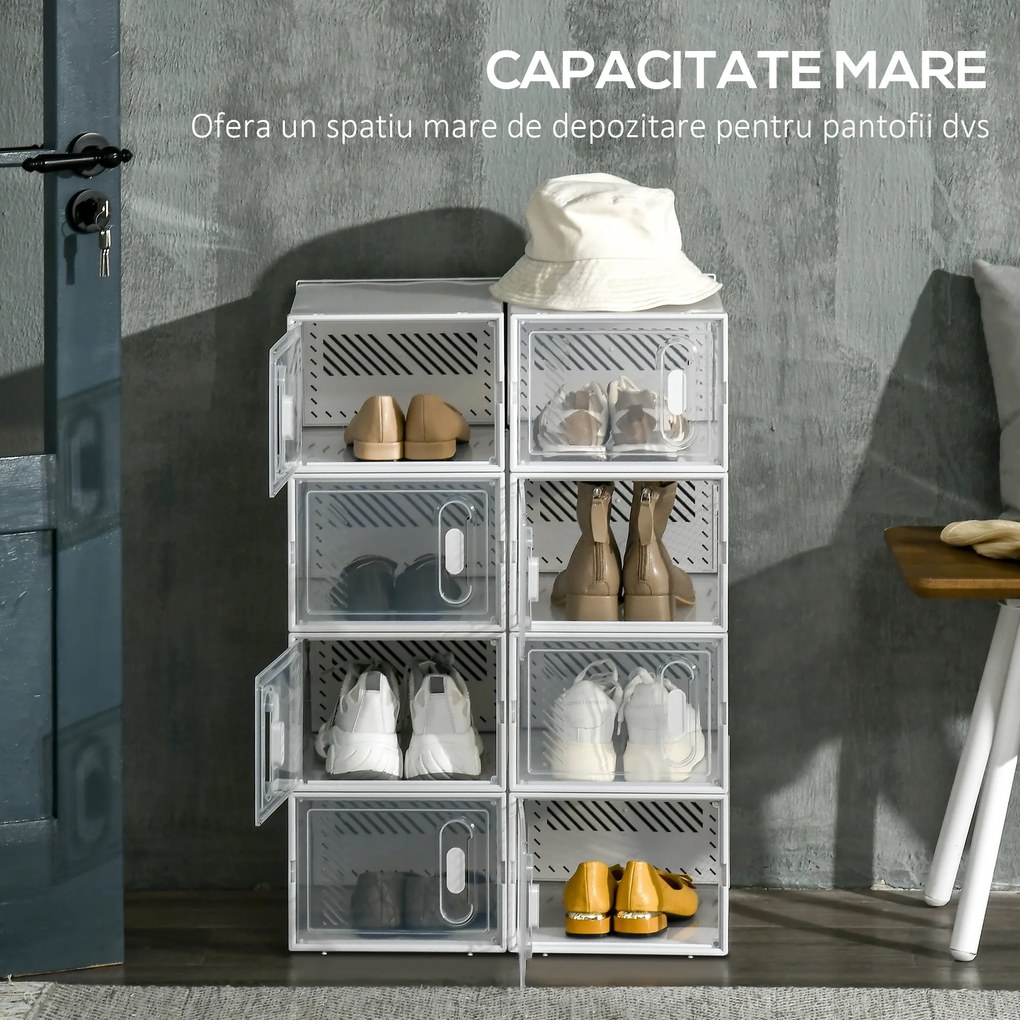 HOMCOM Pantofar Modular cu 8 Cuburi de Depozitare și Uși Magnetice, Cuburi din PP, 25x35x19 cm, Alb și Transparent | Aosom Romania
