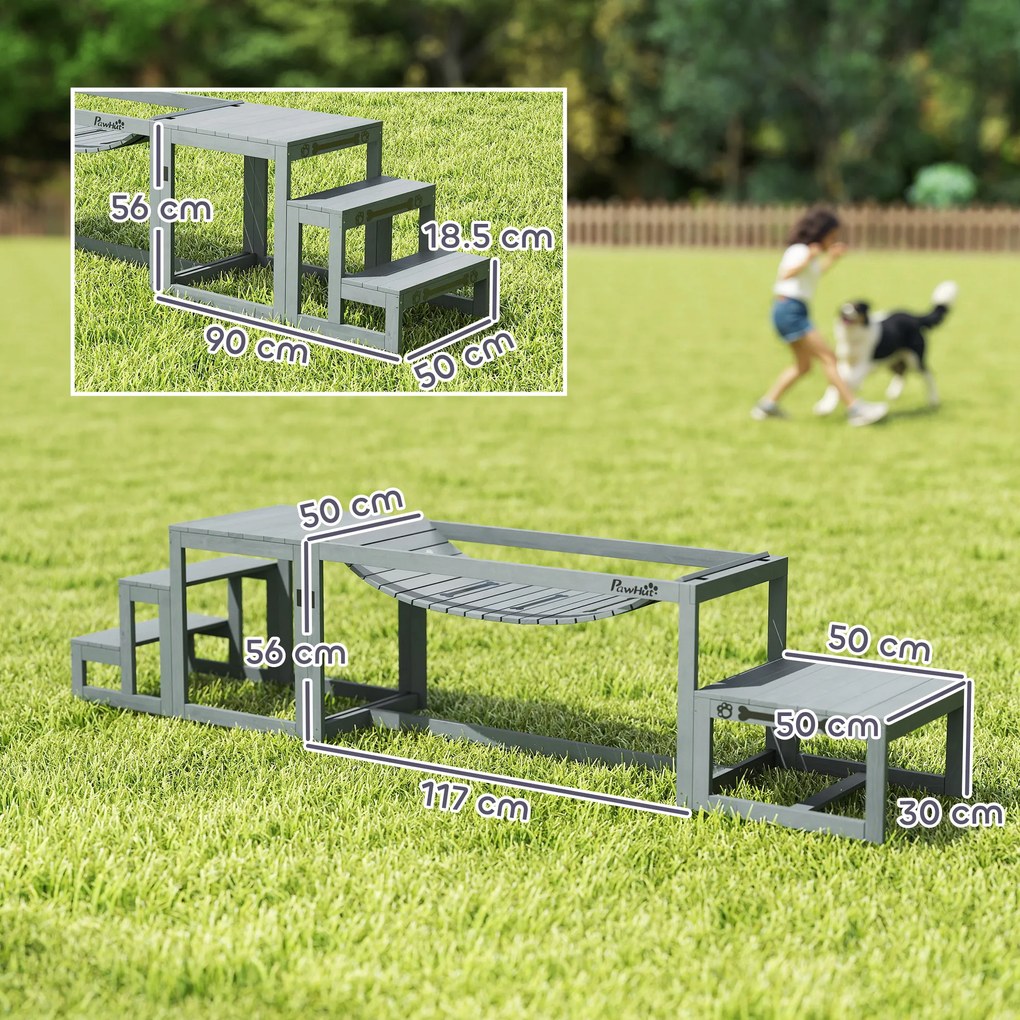 PawHut Set Agility pentru câini Set de 3 piese echipament Agility cu punte, scară, platformă, lemn de brad, 117 x 50 x 56 cm, Gri | Aosom Romania