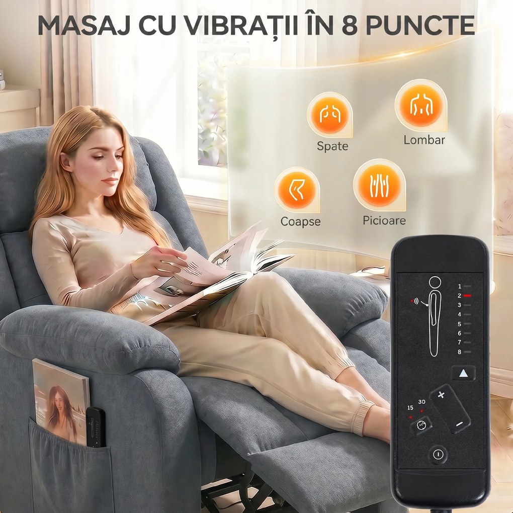 HOMCOM Fotoliu Electric cu Ridicare și Reclinare 135° din Țesătură cu Aspect de In, Suport Picioare, Gri | Aosom Romania