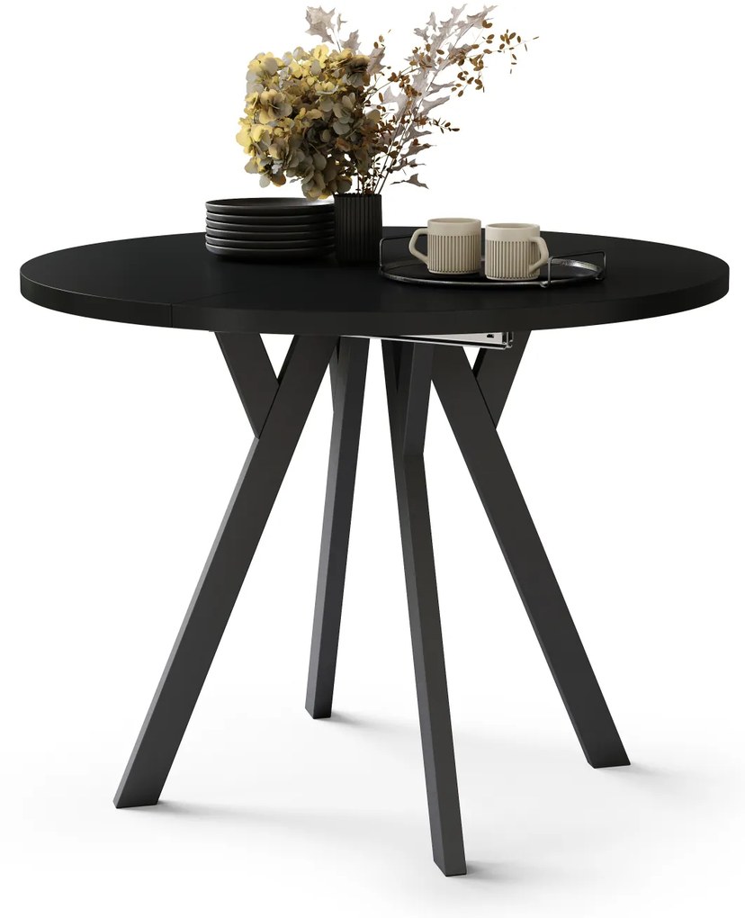 Mazzoni ALMO Negru/picioare negre - MASĂ ROTUNDĂ EXTENSIBILĂ CU PICIOARE ÎN FORMĂ DE Y STIL LOFT PENTRU SALON/SUFRAGERIE