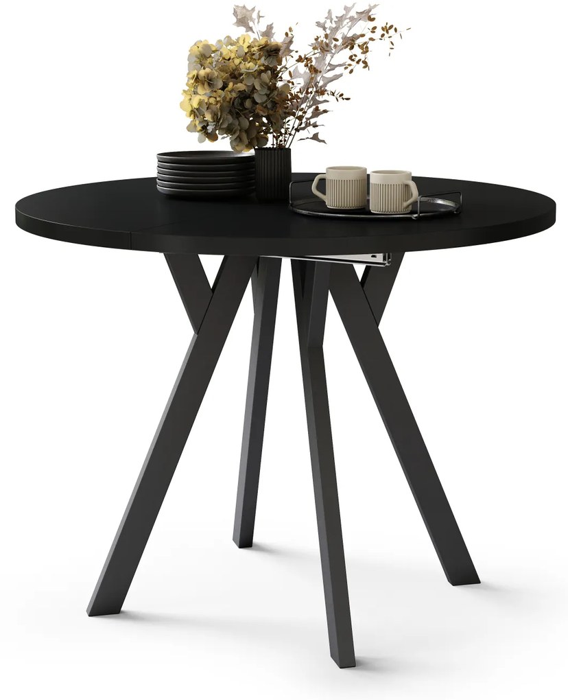 Mazzoni ALMO Negu/picioare negre - MASĂ ROTUNDĂ EXTENSIBILĂ CU PICIOARE ÎN FORMĂ DE Y STIL LOFT PENTRU SALON/SUFRAGERIE