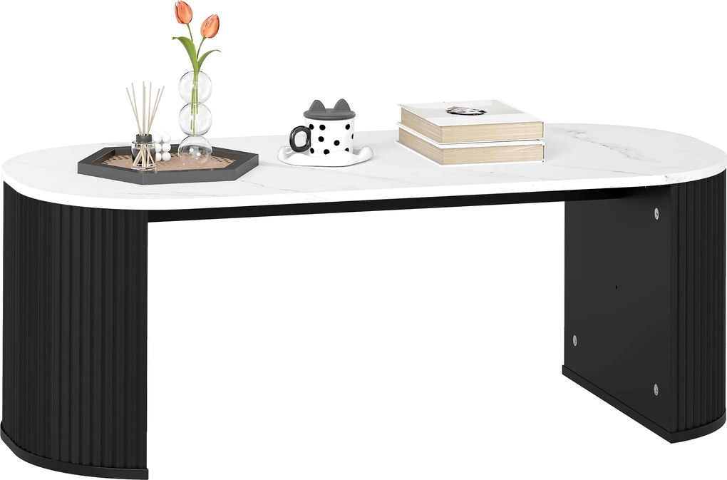 HOMCOM Masă de cafea ovală, măsuță cu aspect marmură, colțuri rotunjite picioare groase, 110 x 50 x 40 cm, negru | Aosom Romania