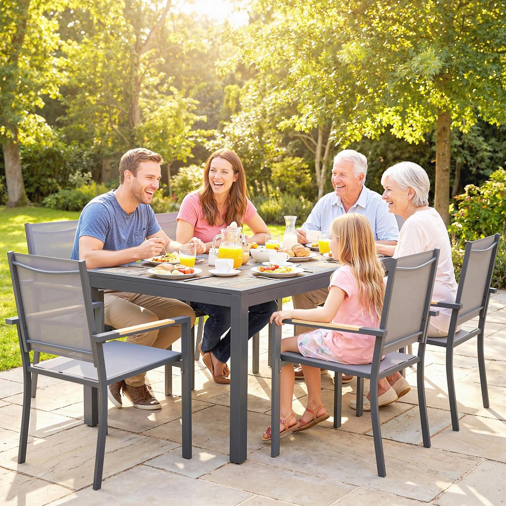 Outsunny Set Mobilier de Grădină 7 Piese Masă Aspect Lemn 6 Scaune Suprapuse din Textilenă 140x80x72cm Gri | Aosom Romania