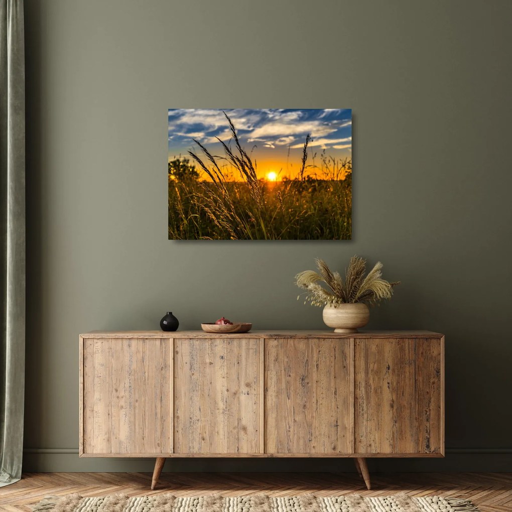Tablou pe sticlă cu câmp în apus de soare (70x50 cm)