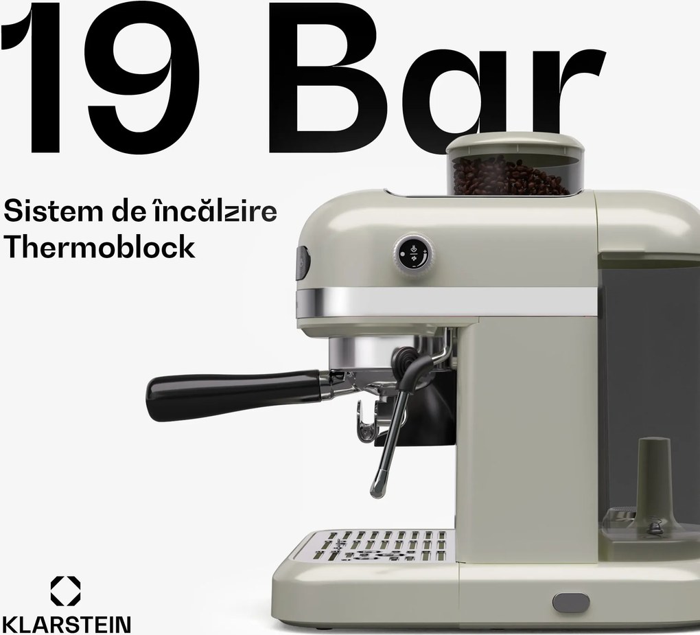 Klarstein Espressor Bella, Vintage, râșniță, 19 bari, spumator de lapte, 2 cești| 1550 W
