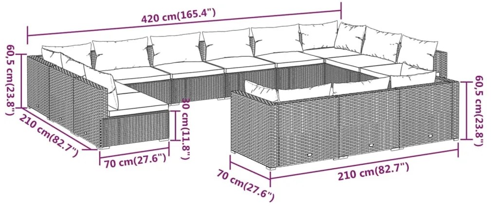 Set mobilier de gradina cu perne, 13 piese, maro, poliratan maro si rosu scortisoara, 4x colt + 9x mijloc, 1