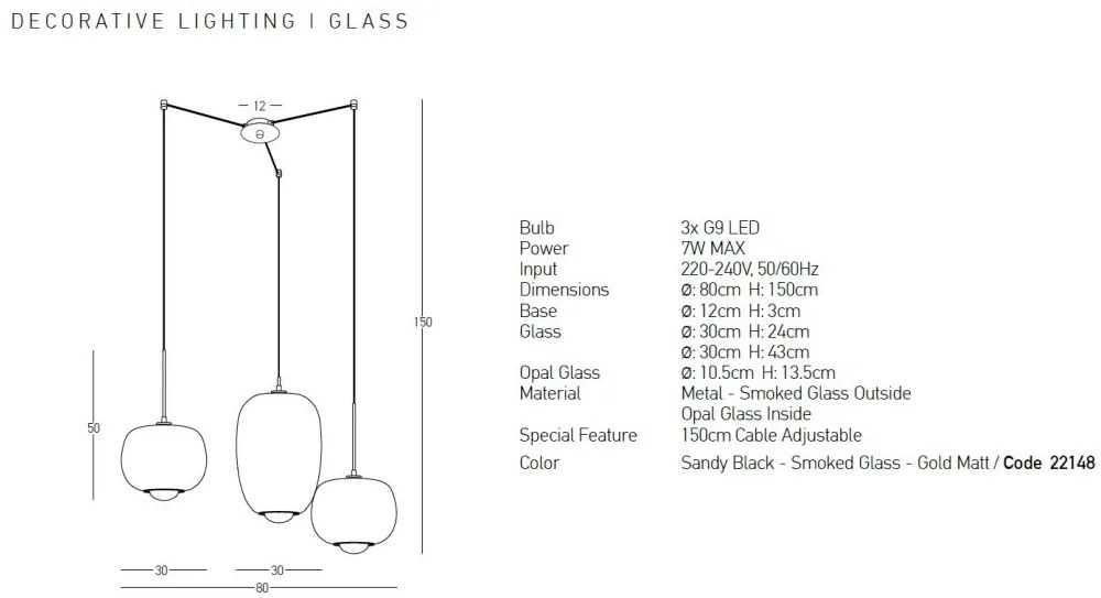 Lustra cu 3 Pendule, Sticla, Fumuriu, 3XG9 Pendant