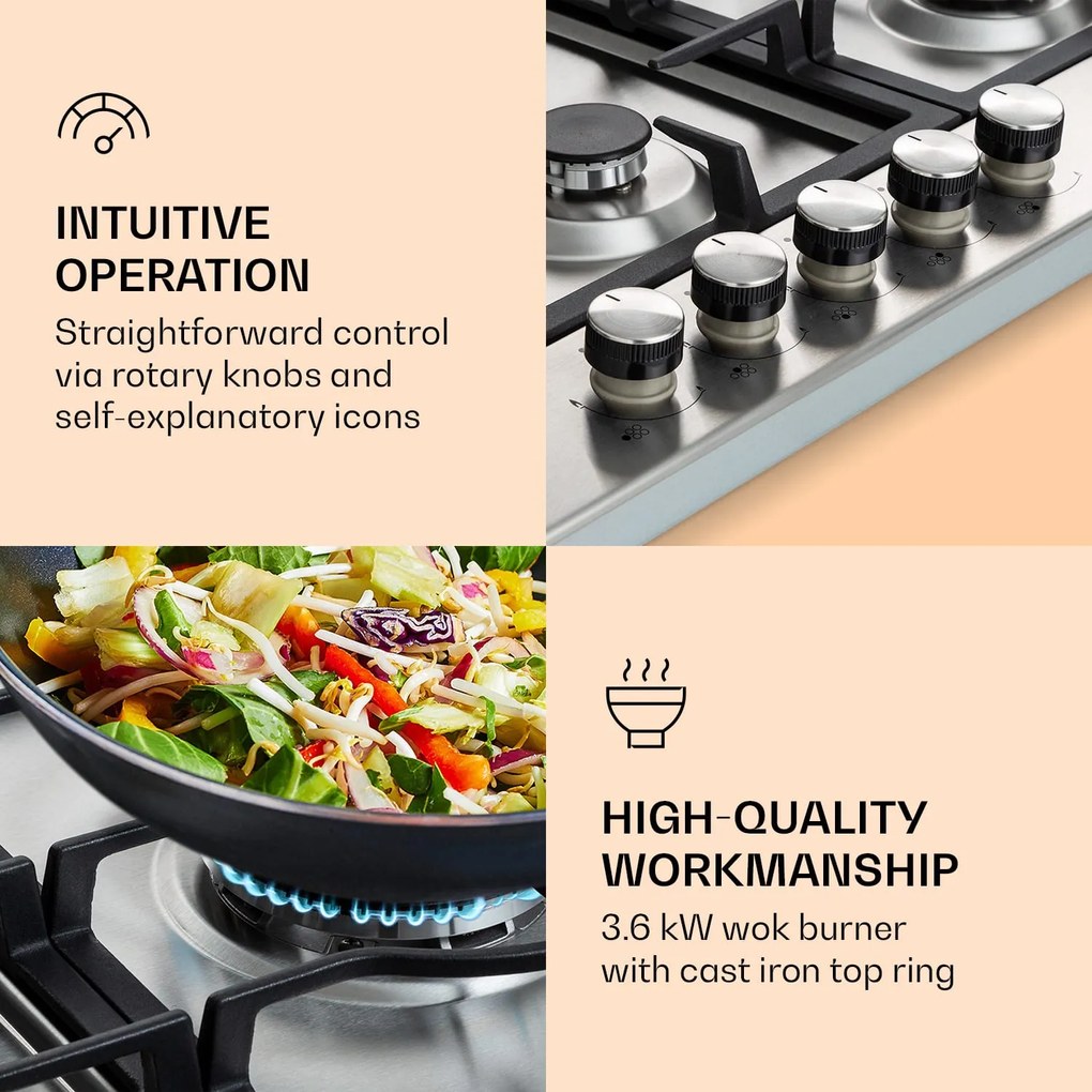 Ignito Chef Edition, 5 zone, plită pe gaz, 5 arzătoare, arzătoare Sabaf, suprafață din sticlă ceramică