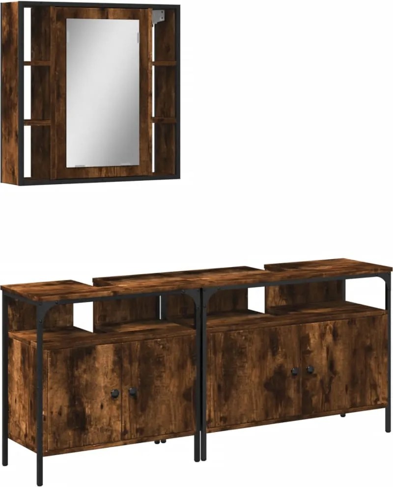 vidaXL Set dulapuri de baie, 3 piese, stejar afumat, lemn prelucrat