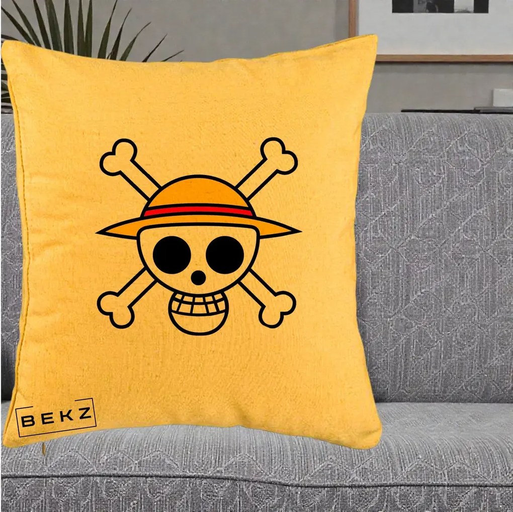 Perna Personalizata One Piece Jolly Roger Straw Hat Pirates, 40x40 cm, Galben, Husa Detasabila, Perna Inclusa, BEKZ®