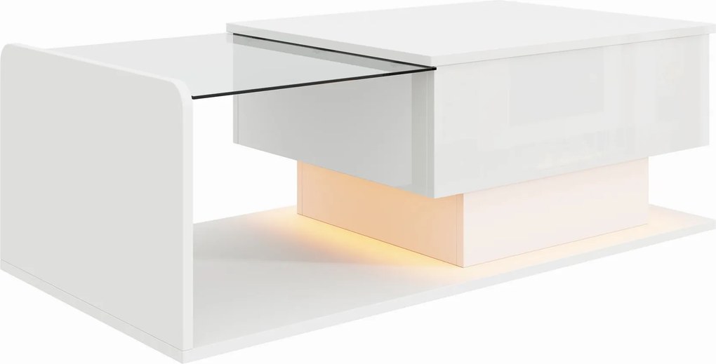 Masă de cafea cu înălțime reglabilă, cu sticlă și bandă LED, 100x50x33/47,5 cm, Alb