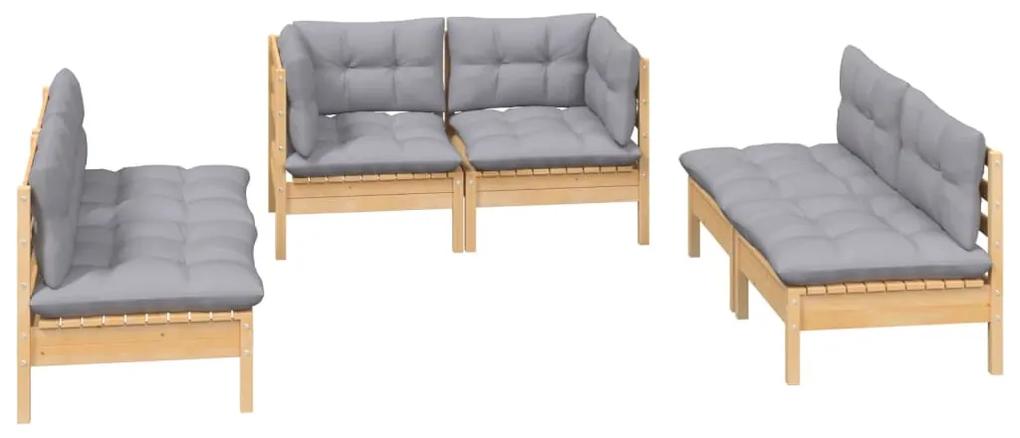 Set mobilier gradina cu perne gri, 6 piese, lemn masiv pin Maro  si gri, 1