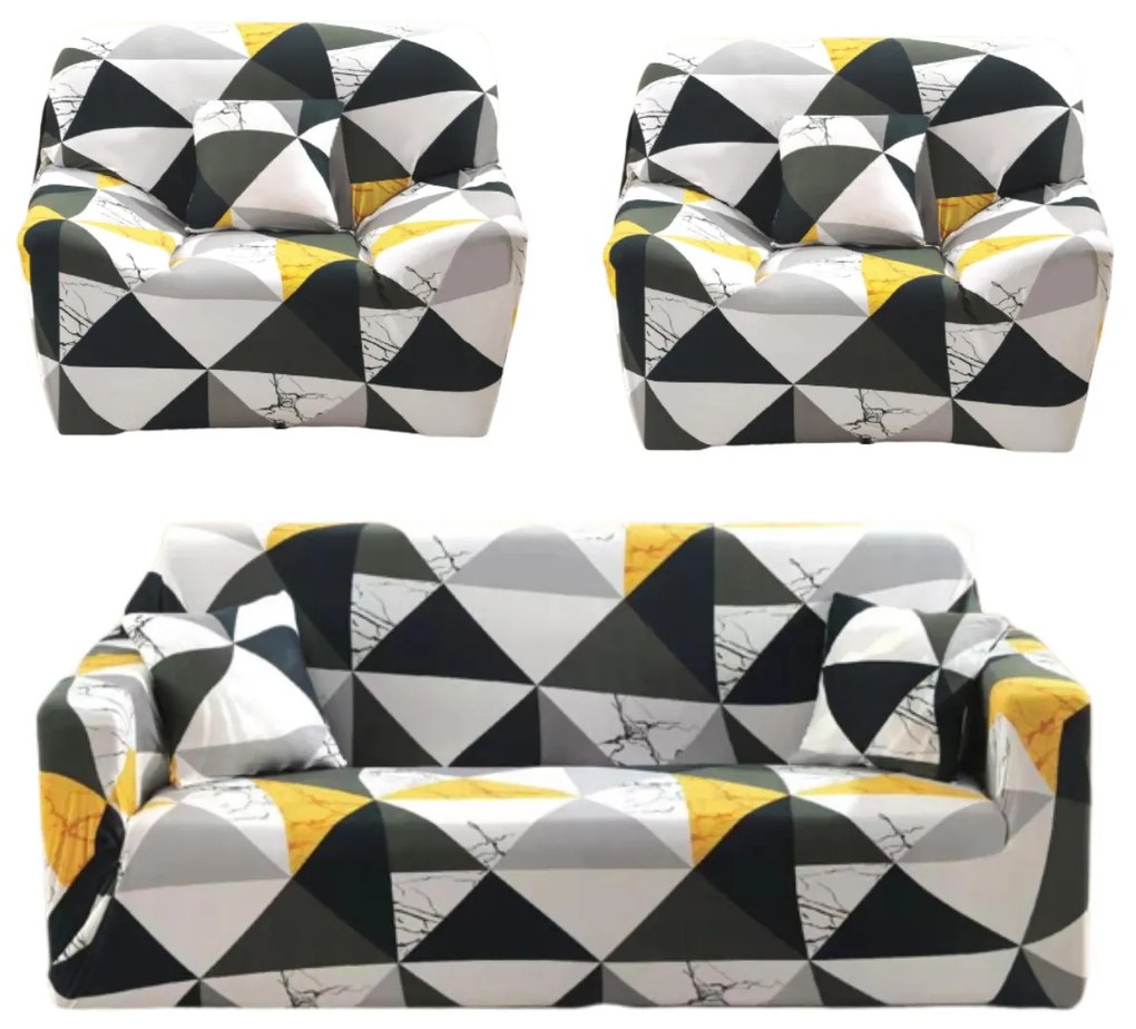Set huse elastice pentru canapea 3 locuri si 2 fotolii, cu brate, spandex, gri / alb, HES-71