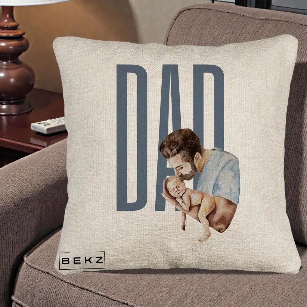 Cadou pentru Tata - Perna Personalizata DAD Tata si Nou-Nascut, 40x40 cm, Bej Canapea, Husa Detasabila, Perna Inclusa, BEKZ®