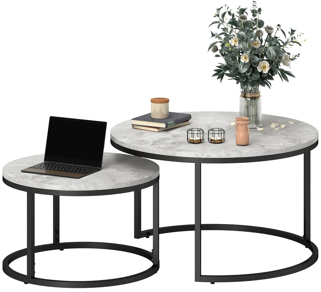 HOMCOM Set 2 Masute de Cafea care se Suprapun, Masute pentru Salon Rotunde din Metal si MDF Efect Marmura, Gri si Negru