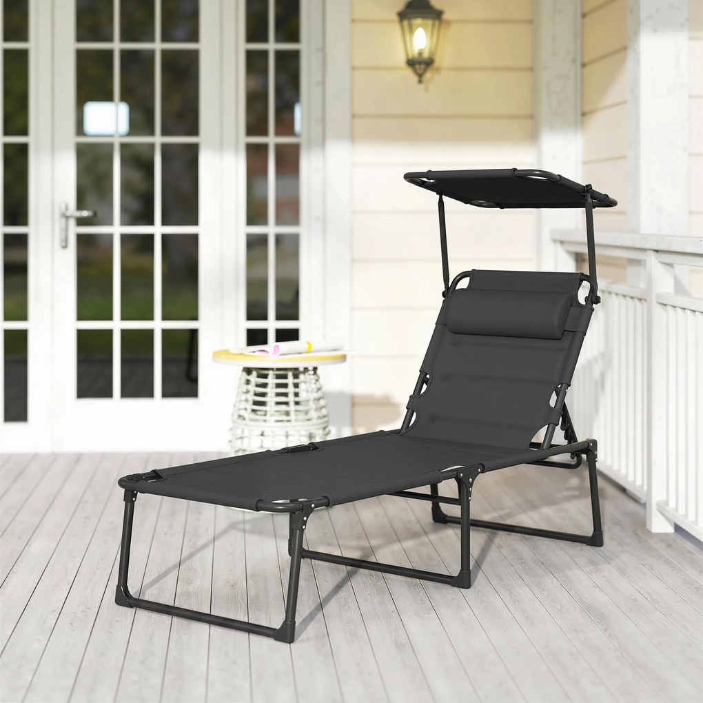 Outsunny Șezlong pliabil cu copertină, pernă pentru cap reglabilă din material Oxford 70 x 200 x 45 cm, negru | Aosom Romania