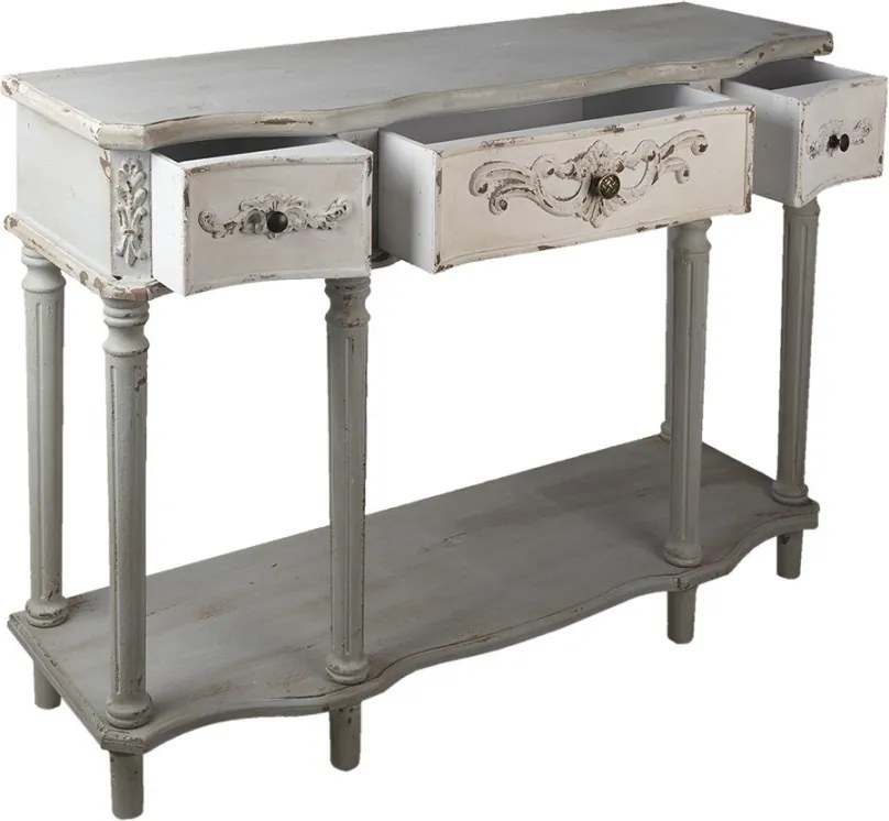 Consolă shabby chic din lemn, 3 sertare, finisaj gri antichizat, 120 cm, „Jacinthe"