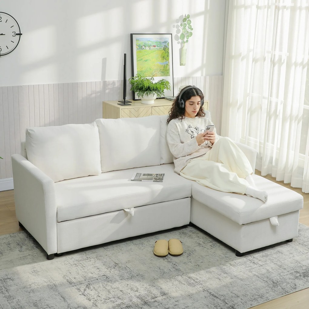 HOMCOM Divan Extensibil pentru 3 Persoane cu Șezlong Convertibil, Divan Rabatabil cu Compartiment de Depozitare și 3 Perne Detașabile, Material Textil cu Efect de In, Living, 192x148x86cm, Crem | Aosom Romania