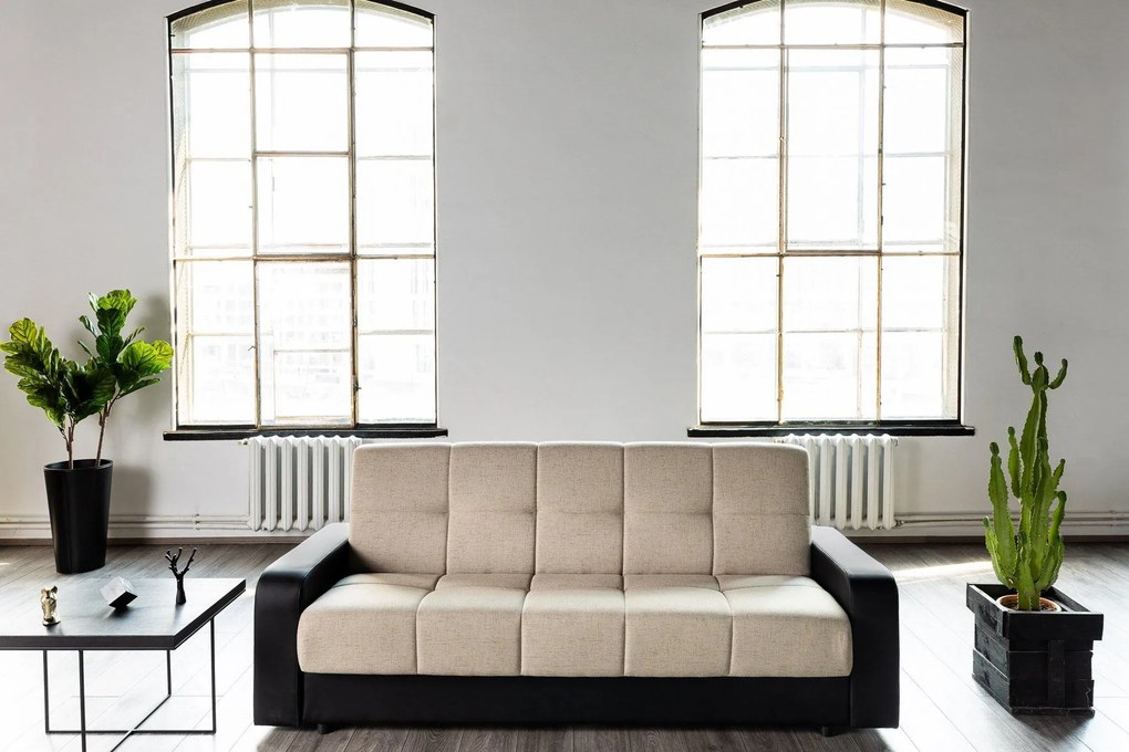 Canapea Extensibila 3 locuri AMSTERDAM, cu lada de depozitare, 230x110x95 cm, Bej/Negru