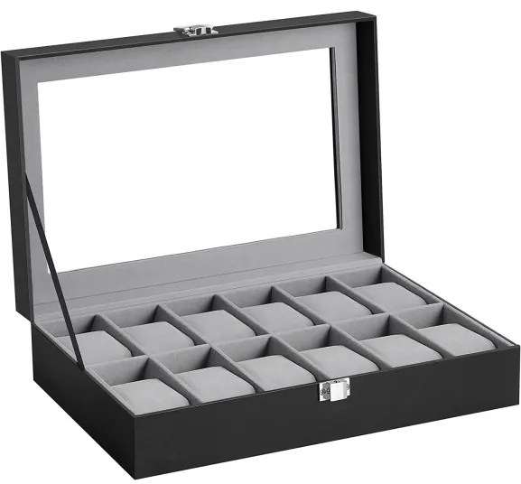 Cutie Pentru Ceasuri Cu Capac Din Sticla, Piele Sintetica Neagra, Captuseala Gri, 30.2 Cm