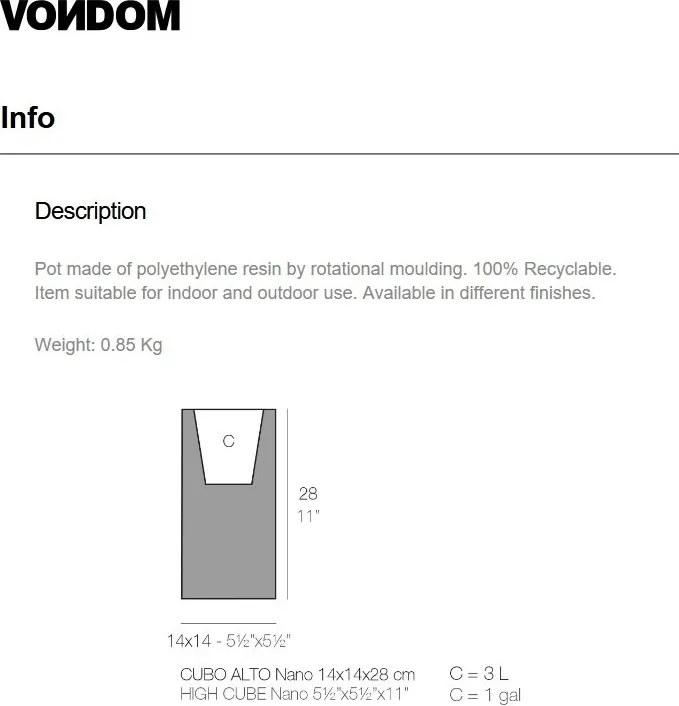 Ghiveci plante design decorativ modern interior / exterior HIGH CUBE mini 14x14x28cm