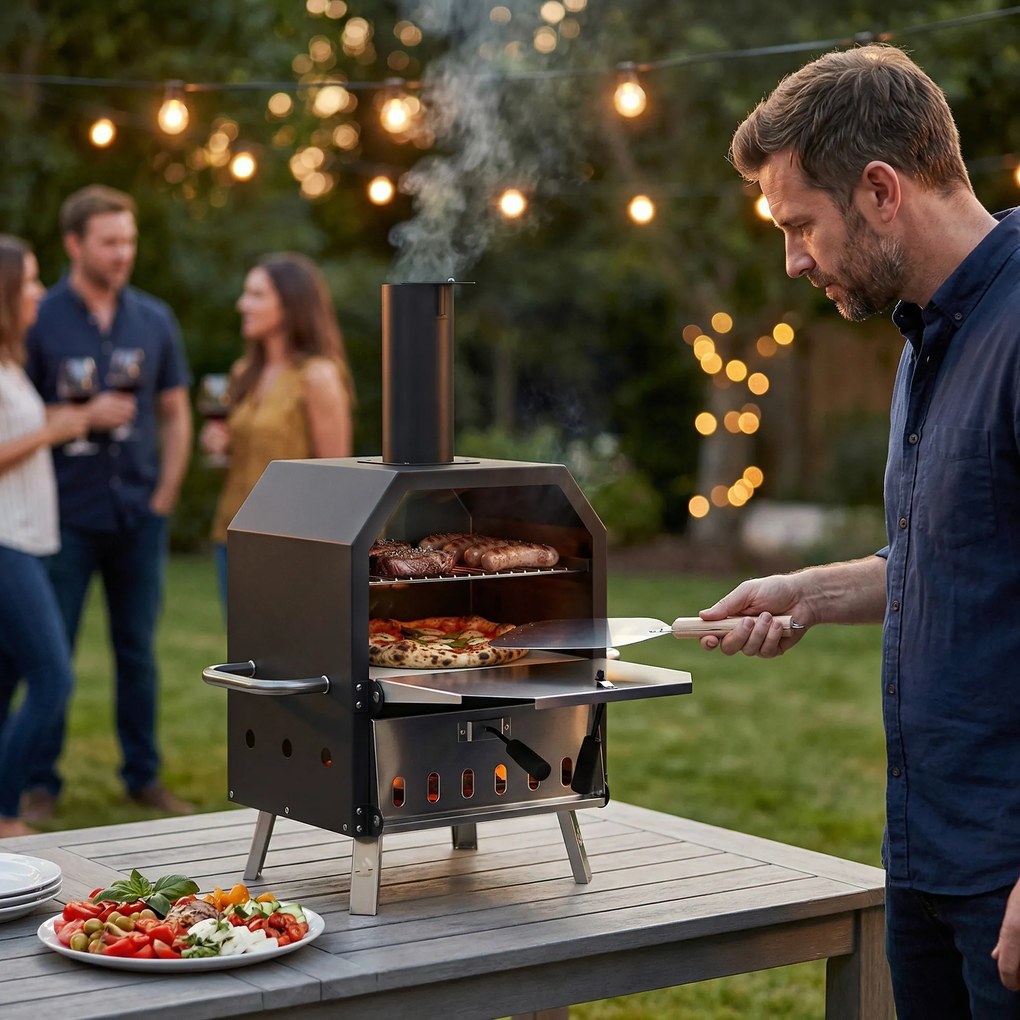 Outsunny Cuptor pizza exterior pe lemne Cuptor pizza din oțel inoxidabil 2 niveluri cu piatră pentru pizza grosime 1 cm picioare pliabile | Aosom Romania