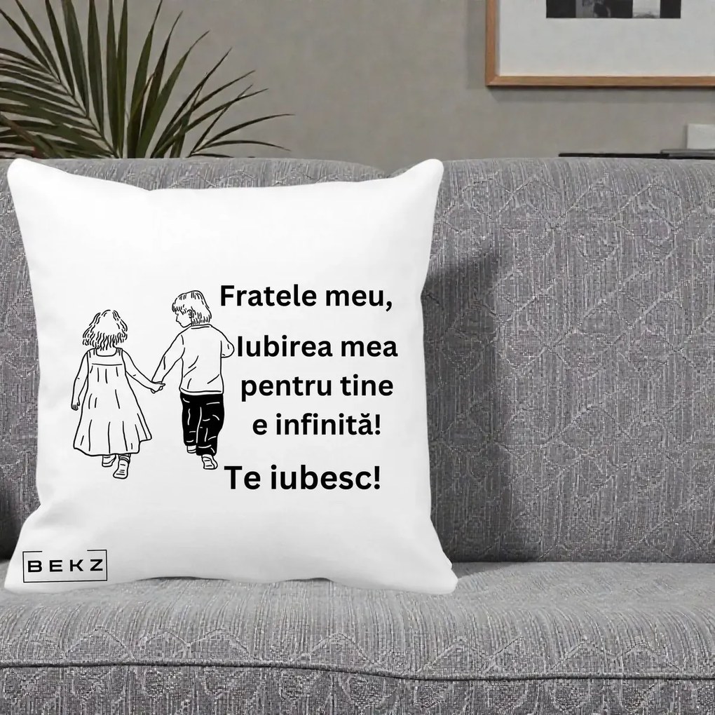 Cadou pentru Frate - Perna Personalizata Fratele Meu Te Iubesc Copii Tinand Maini Varianta 2, 40x40 cm, Alba Mata, Husa Detasabila, Perna Inclusa, BEKZ®