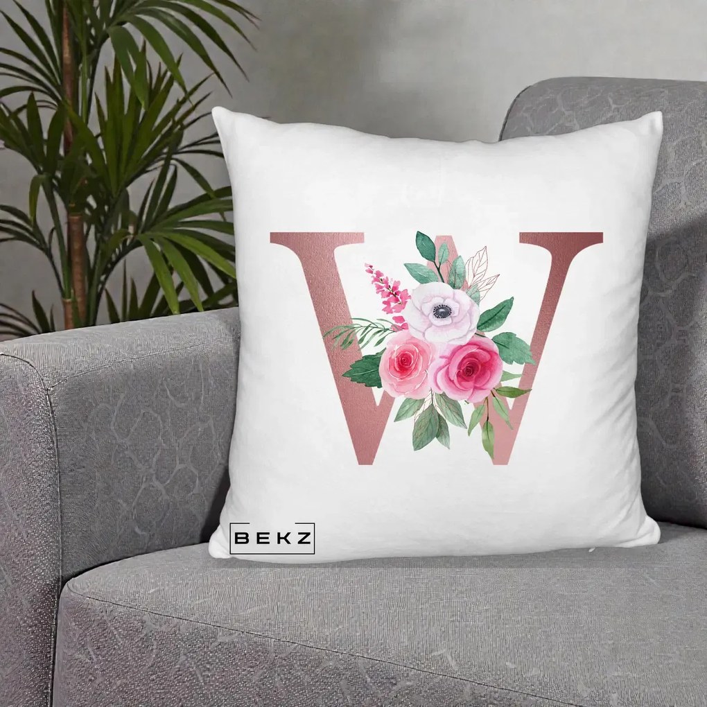 Cadou Personalizat - Perna Personalizata Monograma Rose Gold Litera W cu Trandafiri si Anemona, 40x40 cm, Alb Pufos, Husa Detasabila, Perna Inclusa, BEKZ®