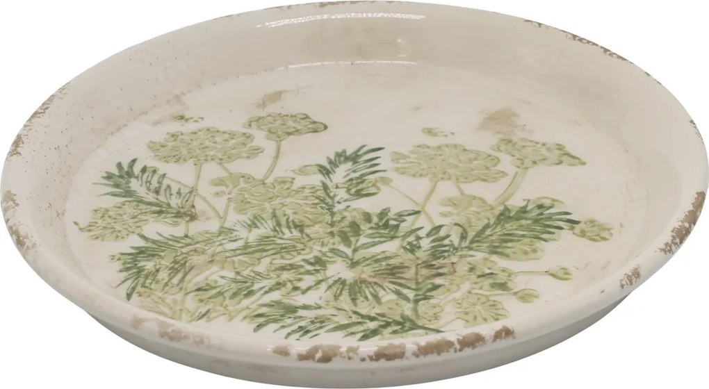 Farfurie pentru ghiveci din ceramică cu imprimeu floral verde, finisaj antichizat, H2,5/D23,5 cm, „Laval”