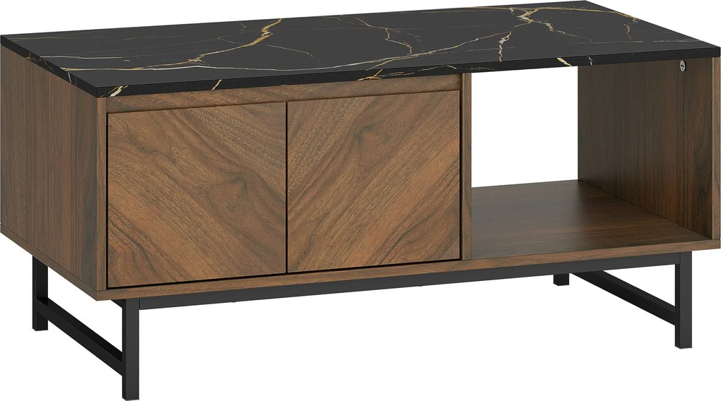 HOMCOM Masă de cafea, masă de living, blat efect marmură, 2 uși și 2 nișe deschise, 100 x 50,8 x 45,7 cm, nuc | Aosom Romania
